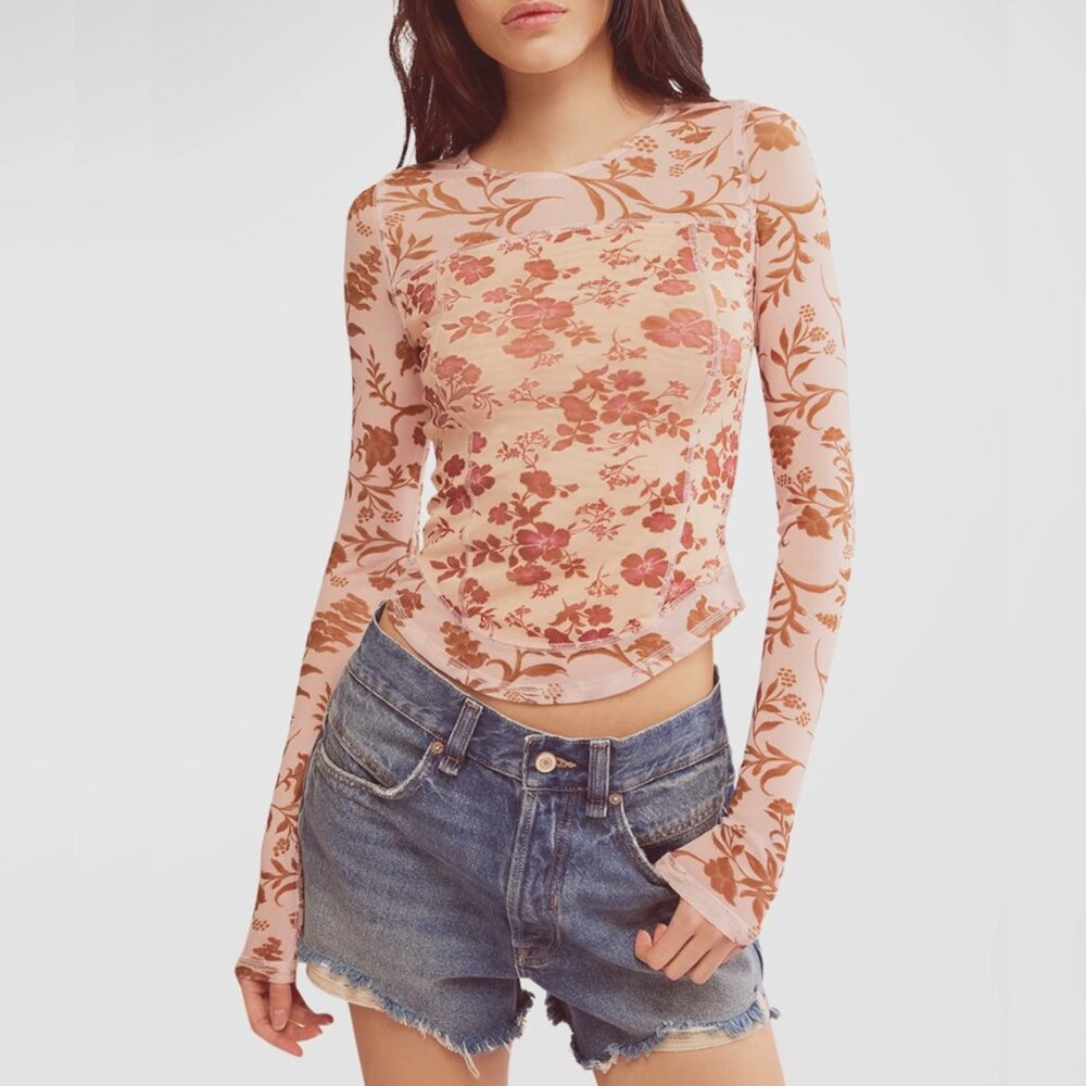Free People Betty's Garden Floral Print Long Sleeve Top, Coral XS NWT